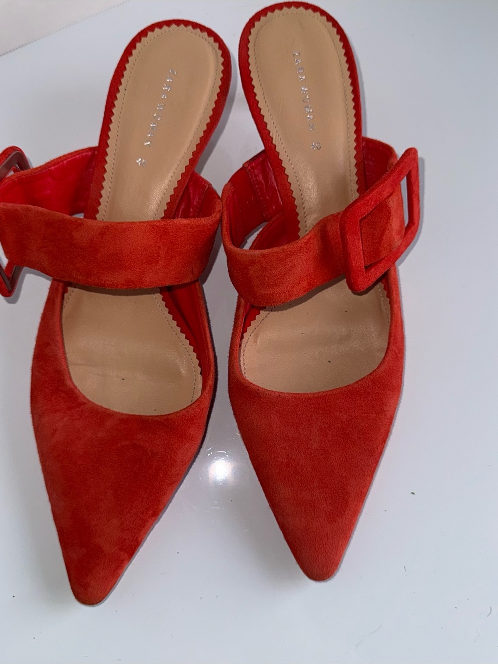 ZARA Orange Suede Pointed-Toe Kitten Heel Mule with Buckle Strap 40 - Picture 3 of 5